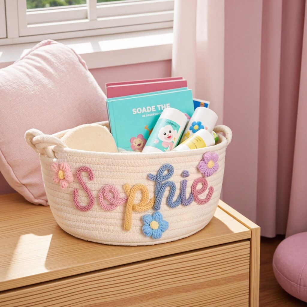Personalized Baby Basket · Monogrammed Woven Basket · Cotton Knitted Nursery Basket