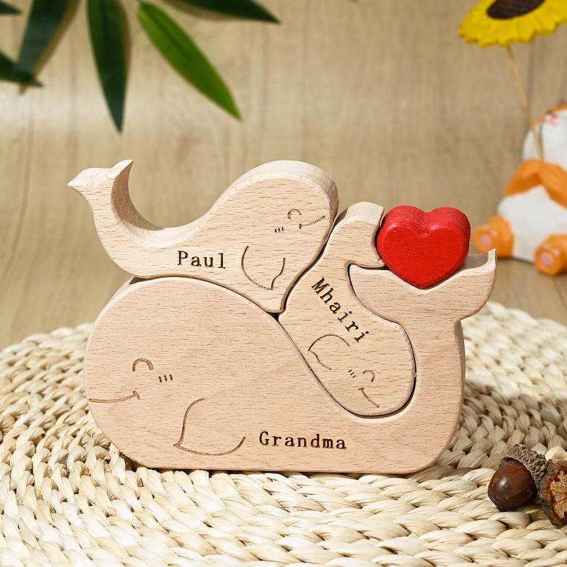 Engraved Family Names Whale Wooden Puzzle